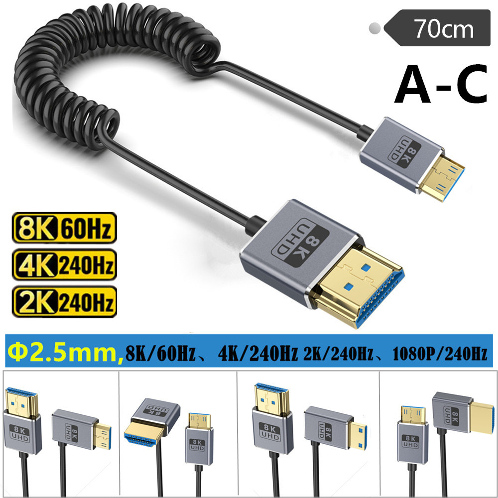 8K@60Hz Mini HDMI to HDMI 2.1 Spring Coiled Cable, 90° มุมขวา, 48Gbps, 0.7m Retractable, Coaxial Shi