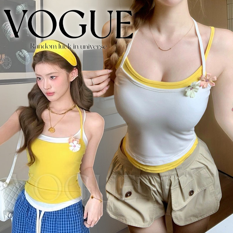 Vogue พร้อมส่ง เสื้อยืดสายเดี่ยวคล้องคอทรงเข้ารูป ดีไซน์เย็บติด2ชั้นเสริมฟองน้ำ แถมเข็มกลัดดอกไม้ (FY3012#3)