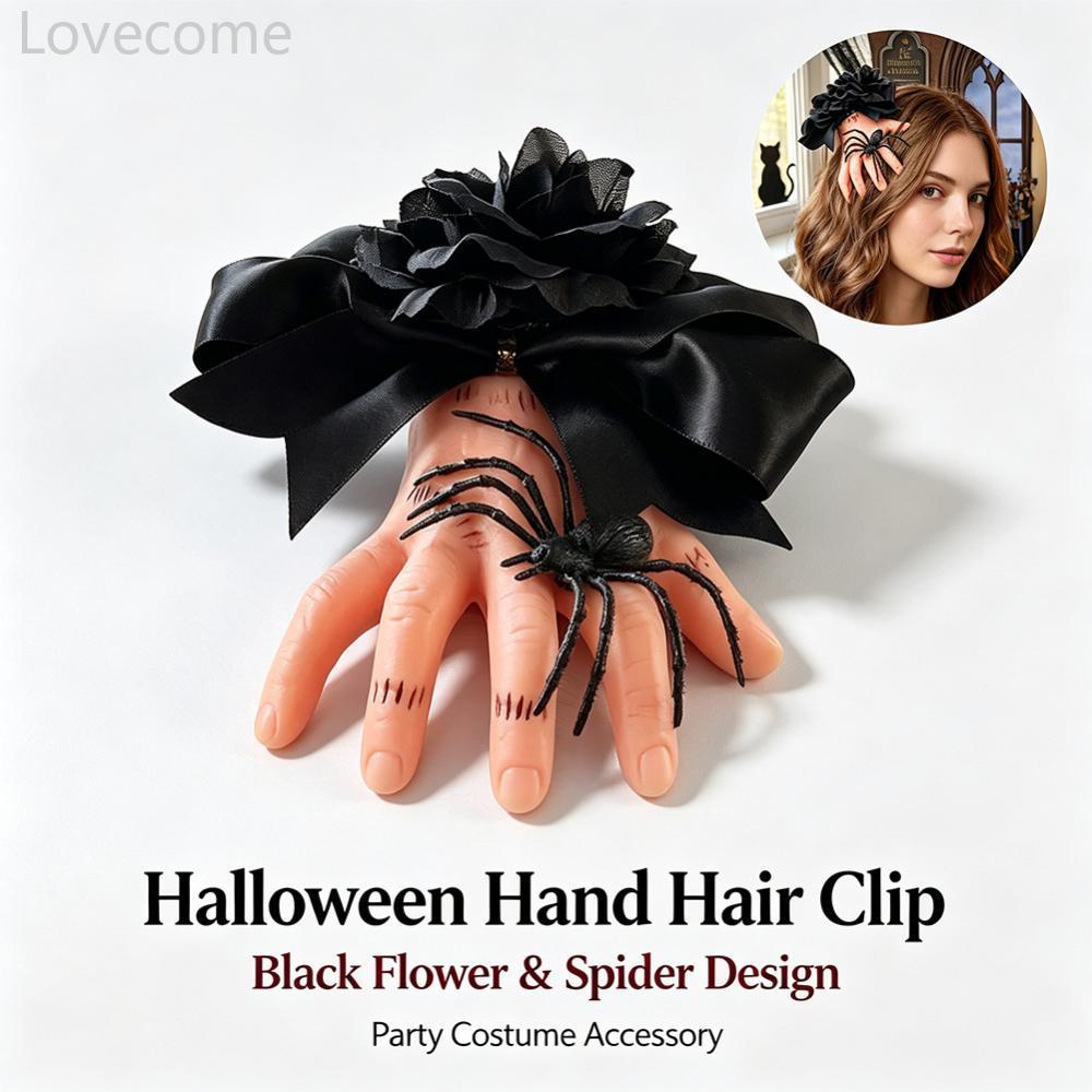 Lovecome Gothic Severed ปลอมมือคลิปผมผู้หญิงสีดําโบว์ Spider Spooky จระเข้ผม Barrette ฮาโลวีนสยองขวั