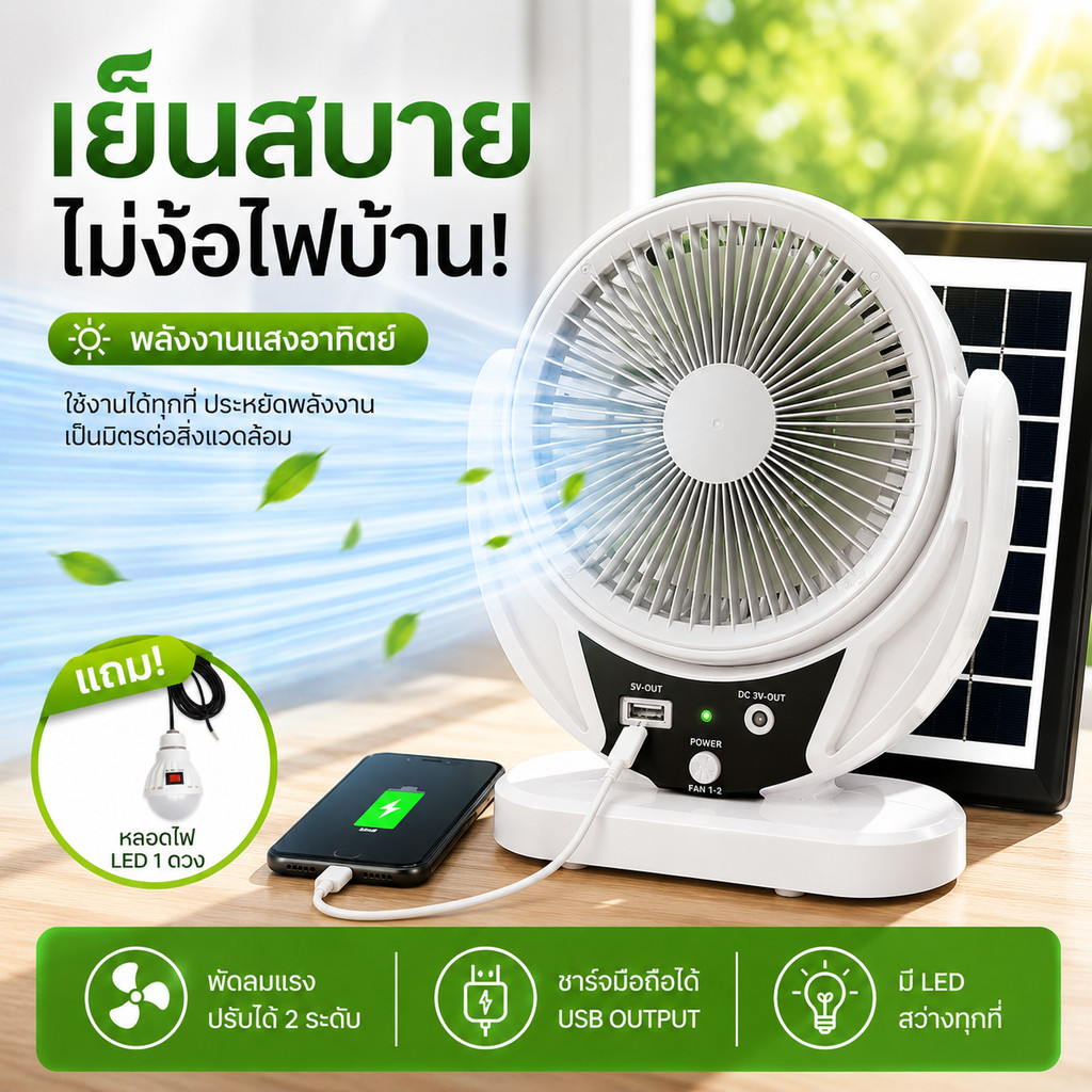 NEW พัดลมพลังงานแสงอาทิตย์ พัดลมโช่ล่าเชล พัดลมอัจฉริยะ โซล่าเซลล์ พัดลม 12นิ้ว มีแบตในตัว ลมแรงพัดลมปรับร พัดลมแบบพก