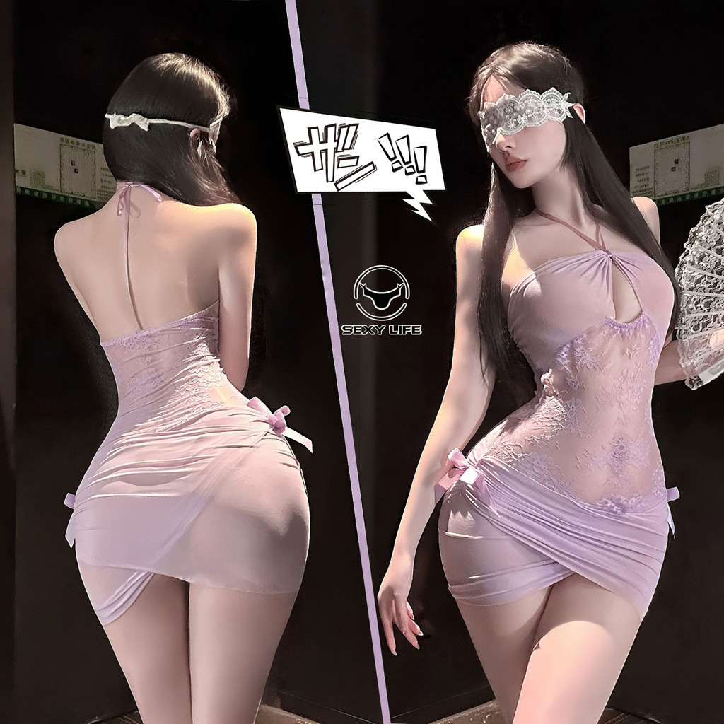 ชุดอ่อยแฟน เซ็กซี่ เนคไทแบบผูกคอ สีม่วง ทรงเข้ารูป ยั่วยวนสามี ชุดกี่เพ้า ยั่วยวนสามีของเธอ