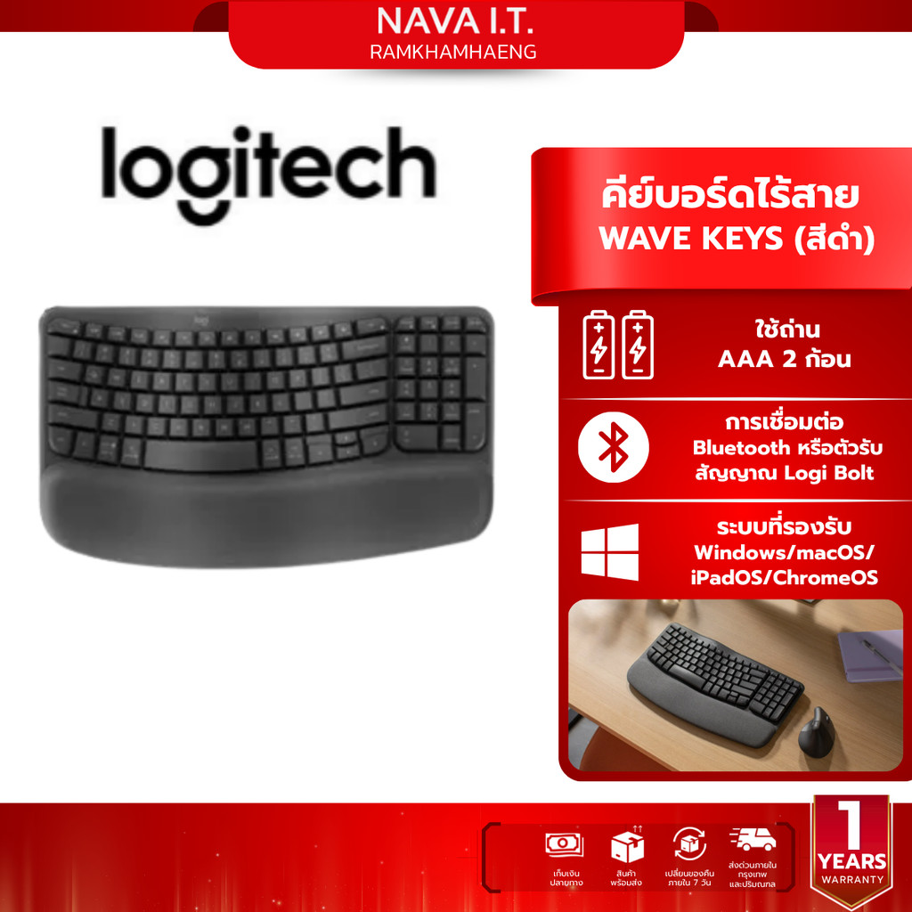 LOGITECH WAVE KEYS WIRELESS ERGONOMIC KEYBOARD คีย์บอร์ดไร้สาย คีย์บอร์ดเพื่อสุขภาพ