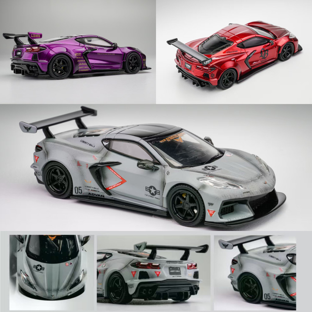 Corvette Corvette C8 ZR1 LBWK Wide Body ดัดแปลง Air Force สีเทา FM 1: 64 โมเดลรถโลหะผสม