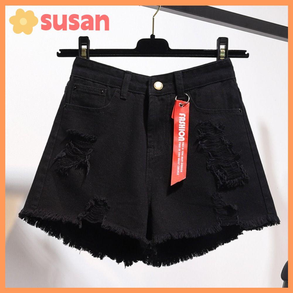 SUSANSU Jean Shorts, Ripped Tassel Denim Shorts, Trended Raw Hem All-match Distressed Short Girls