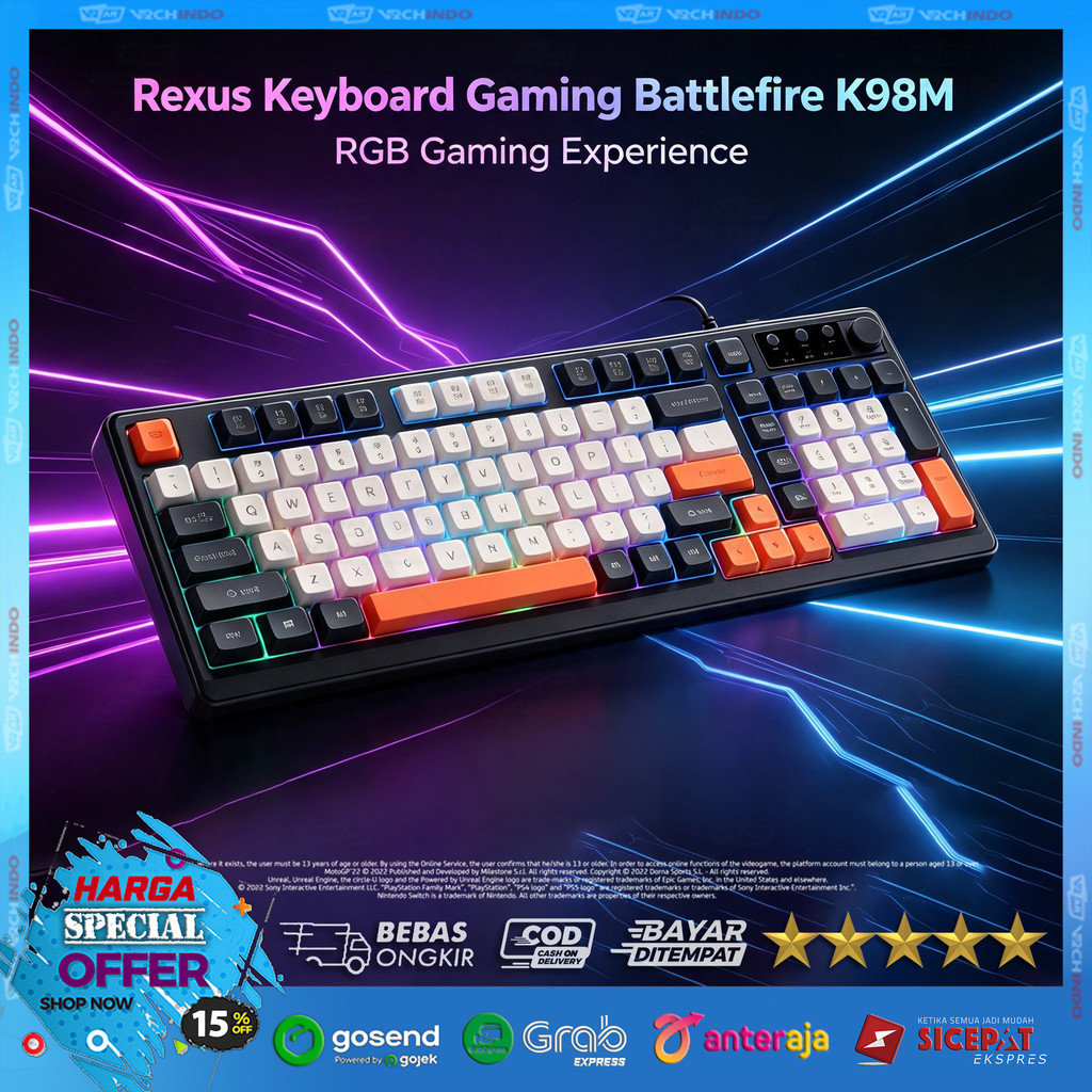 Rexus K98M 98-Key USB PC 19 Anti-Ghosting RGB Membrane Gaming Keyboard