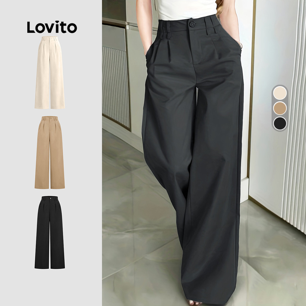 Lovito แคชชวล กางเกงลําลองผู้หญิง สีเทาเข้ม ทรงซิป กระดุม ดีไซน์คลาสสิก เหมาะสําหรับฤดูใบไม้ผลิและฤดูร้อน L34LD052