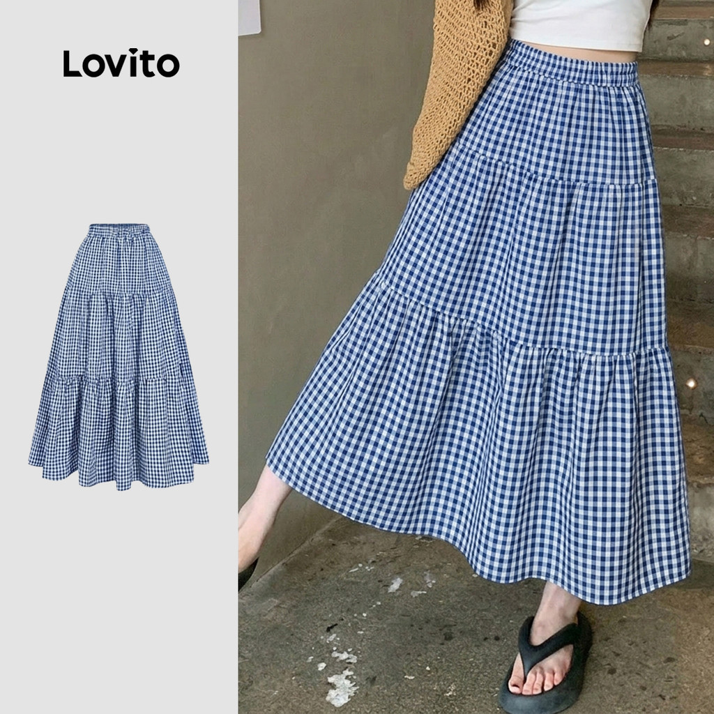 Lovito แคชชวล กระโปรง ชั้น ๆ สำหรับฤดูใบไม้ผลิ/ฤดูร้อน สีดำและขาว สำหรับผู้หญิง L149LD012