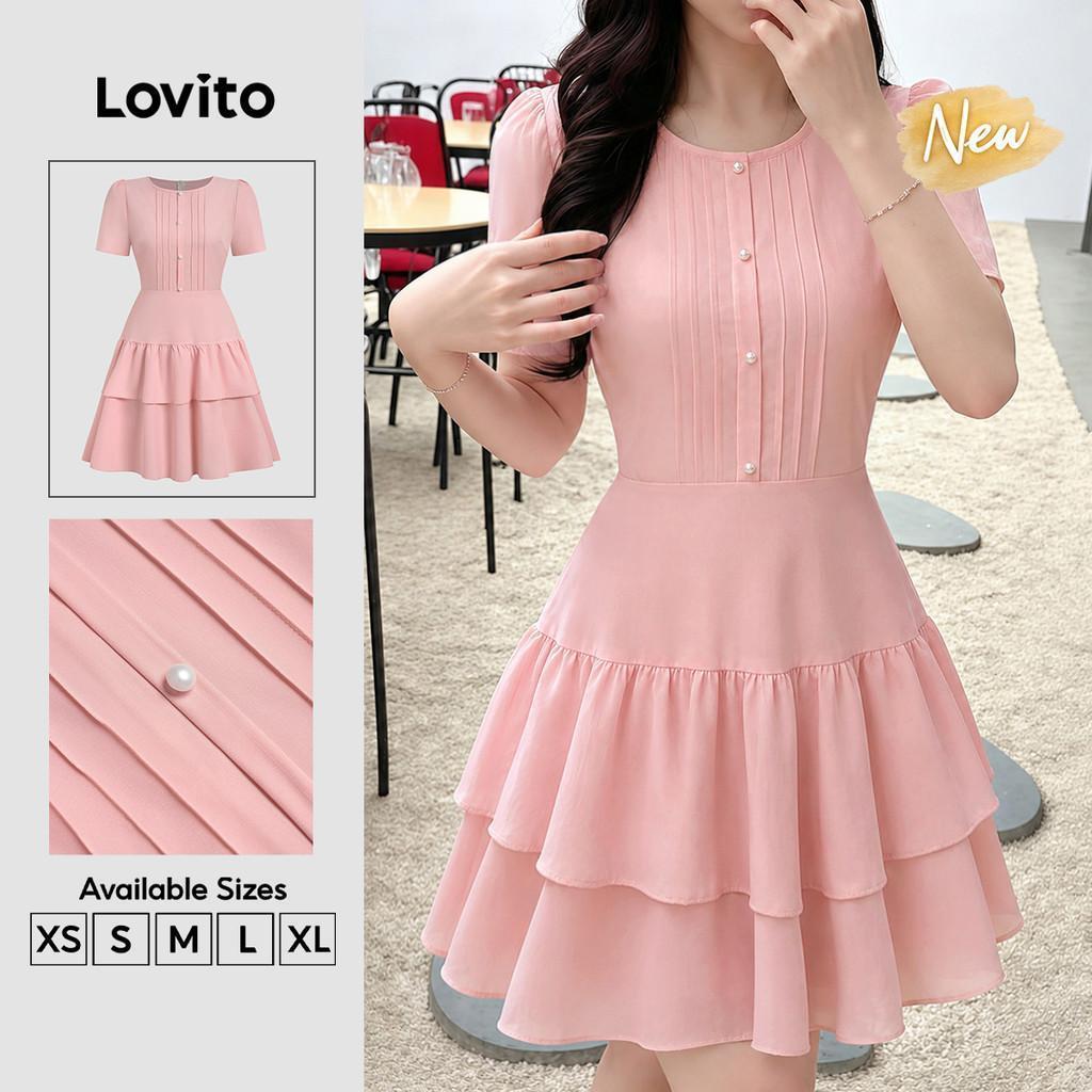 (New Arrival) Lovito ชุดเดรสลําลองผู้หญิงสีชมพูแต่งระบายและติดกระดุมด้านหน้า เหมาะสําหรับฤดูใบไม้ผลิและฤดูร้อน DRK8P1D042