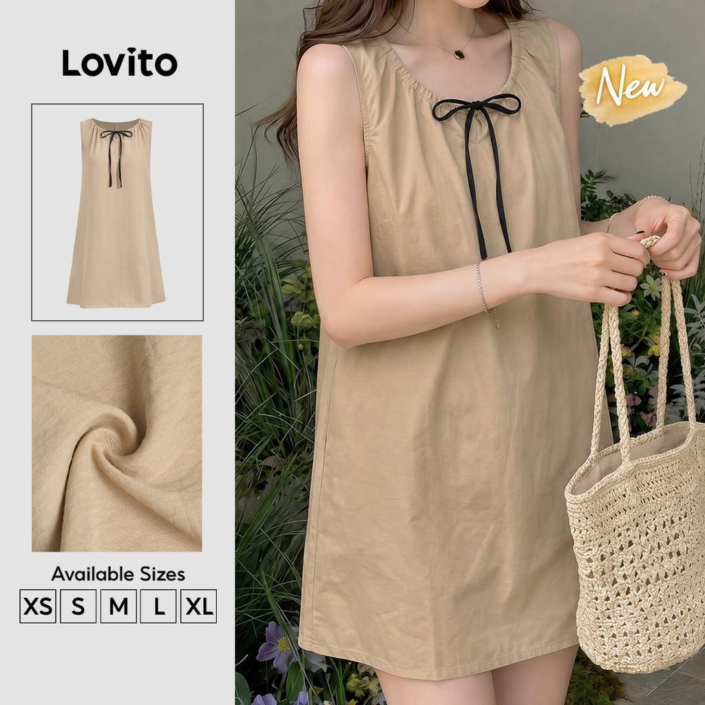 (New Arrival) Lovito ชุดเดรสลําลองผ่อนคลายสําหรับการเดินทางในฤดูใบไม้ผลิ/ฤดูร้อน เดรสกากีสําหรับผู้หญิง DRK8P1D982