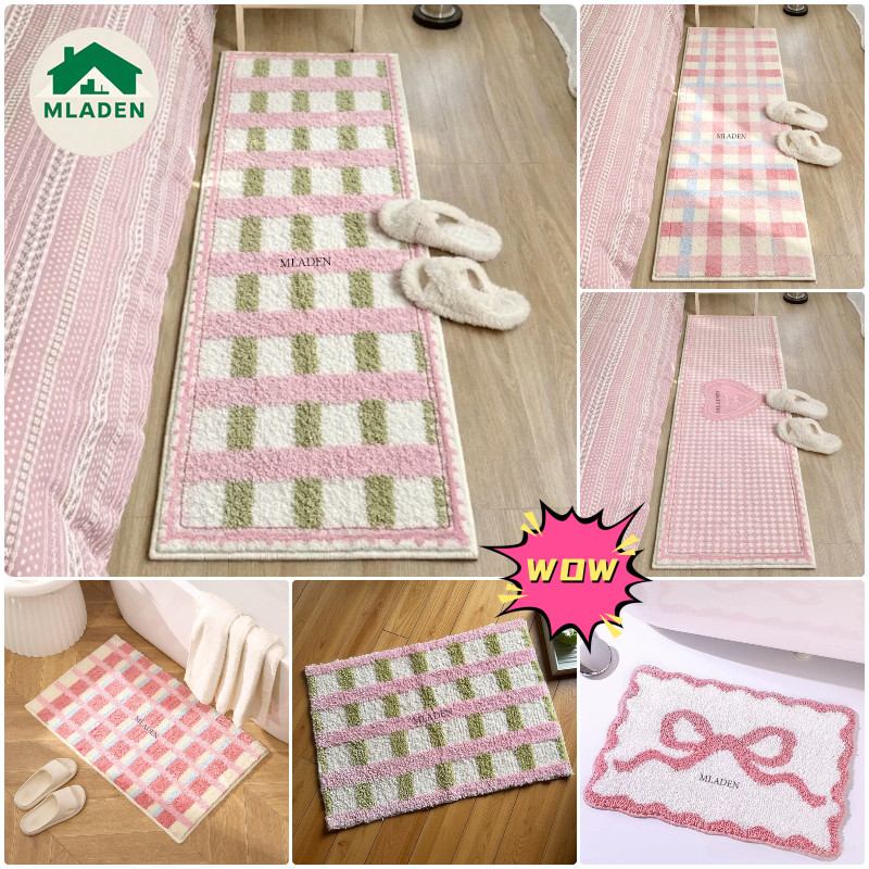 MLADEN พรมปูพื้นลายสก๊อตสีชมพู 40x60/40x120CM วัสดุแคชเมียร์เลียนแบบ กันลื่น แห้งเร็ว พรมปูพื้น
