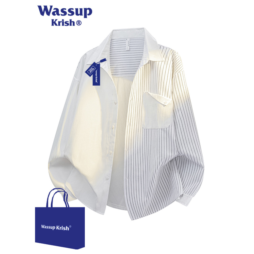 WASSUP KRISH ลายเย็บเสื้อแขนยาวผู้ชายฤดูใบไม้ร่วง Casual High-End เสื้อหลวมเสื้อคู่
