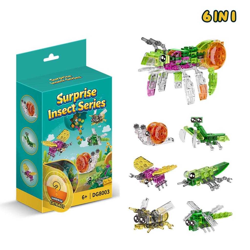 DG8003D 6in1 โปร่งใสแมลง Surprise ไข่ Grasshopper Dragonfly Bee Snail อนุภาคขนาดเล็กกล่องตาบอดอาคารบ