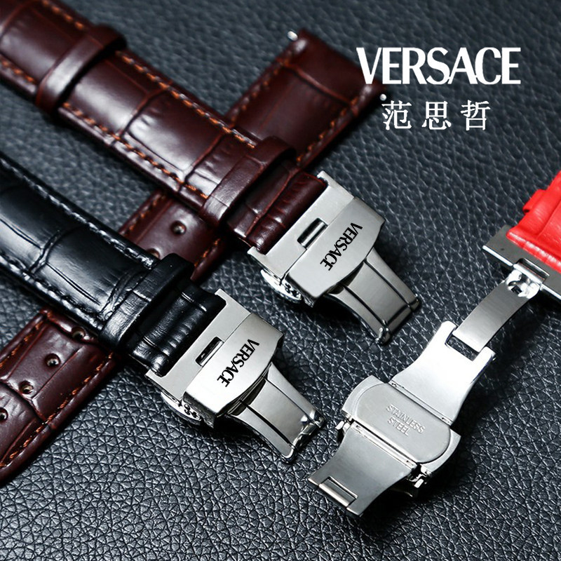 VERSACE สายนาฬิกาหนังแท้ Original VERSACE First Layer Cowhide ผู้ชายผู้หญิงผีเสื้อหัวเข็มขัด 20 มม.น