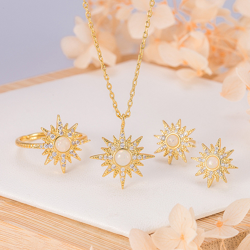 Retro Matching สร้อยคอร้อยดาว High-End Sun แหวนหกหรูหราหญิง Guardian Gold-Plated Star แหวน 9DUI