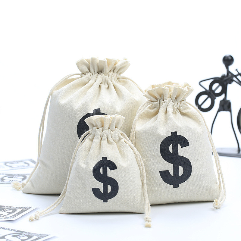 กระเป๋าผ้าแคนวาส Dollar Symbol Bag Drawstring Money Bag Chip Letter Cotton Linen Bag Dollar Bag Draw