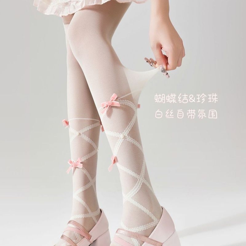 白色丝袜女夏季薄款Lolita洛丽塔* 白丝蝴蝶结芭蕾少女风打底连裤袜Sweet Lolita Lolita Pantyhose Lolita Socks French Palace Style