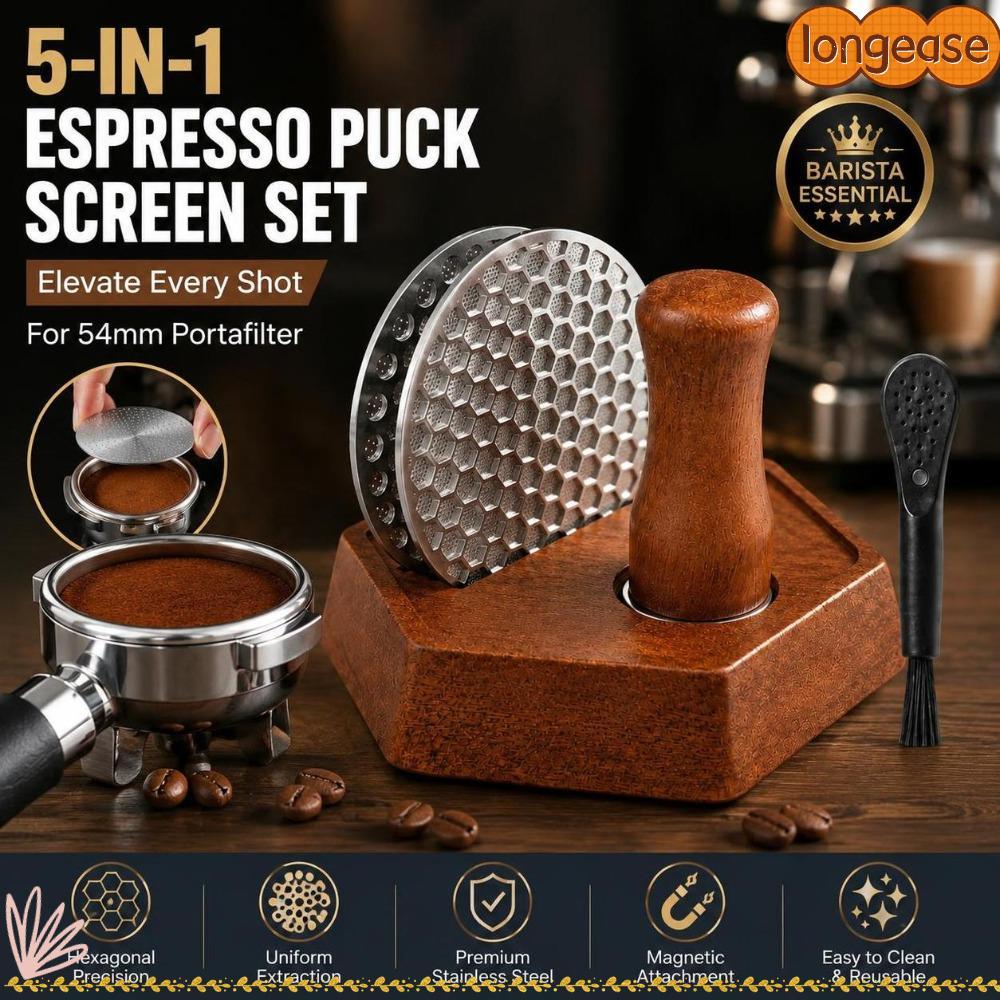 LONGE Coffee Puck Screen Set, Sapele Wood Stand แปรงไนลอน Espresso Puck Screen Kit, Dual HoleรูปแบบR