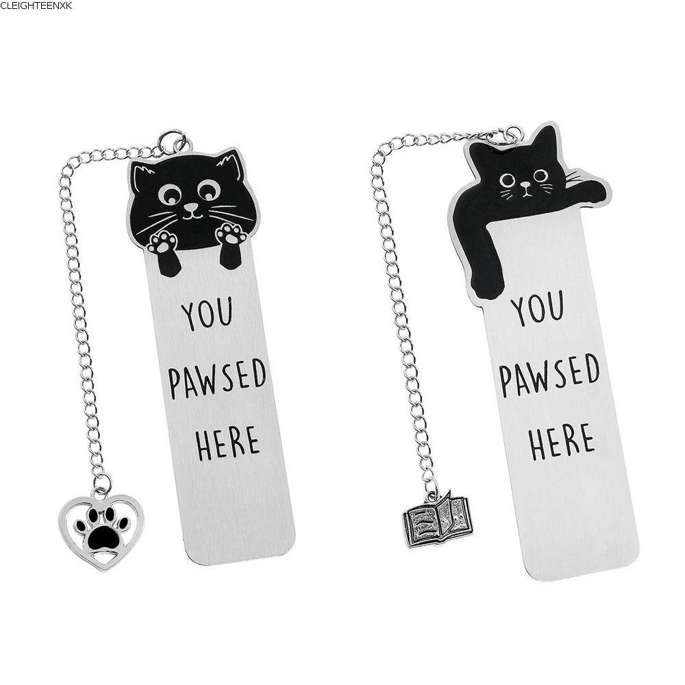 CLEIGHTEEN8H ที่คั่นหนังสือแมว, ที่คั่นหนังสือแมวสแตนเลส, Creative You Pawsed Here Black Cat Reading