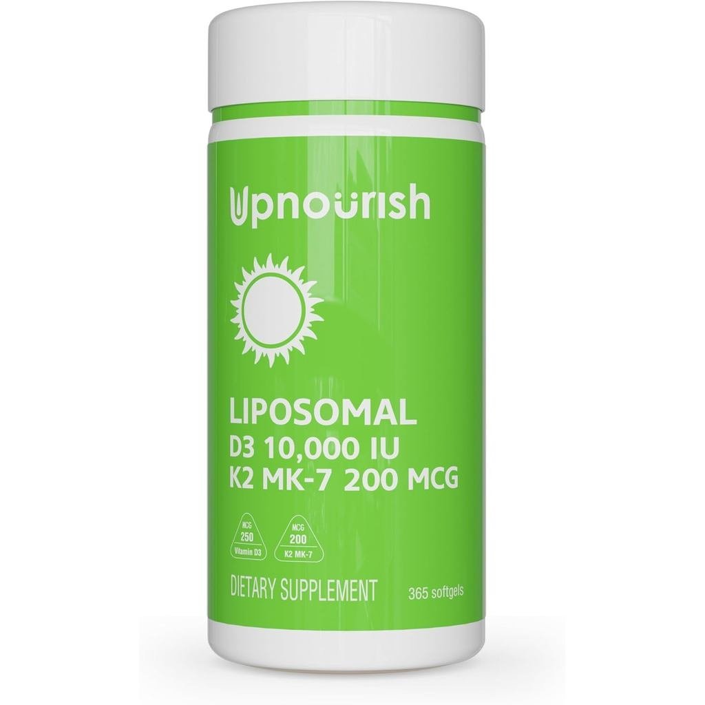 UpNourish Liposomal D3 K2 วิตามิน 10000 IU D3 และ K2 MK-7 200 mcg - 365 วิตามิน D3 k2 (Vitamina D3 c