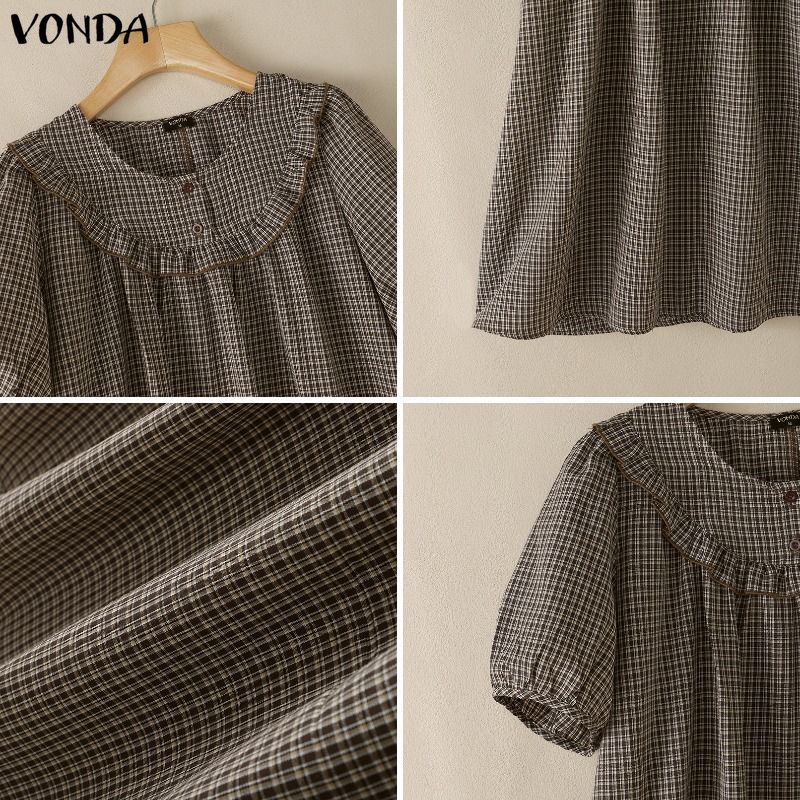 Vonda ผู้หญิงเกาหลี Girlish Comfort Retro ลายสก๊อตทอตกแต่งปุ่มเดียวรอบคอ Peter Pan Collar พัฟแขนสั้น Ruffle หลวมชุดสาย — صورة 8