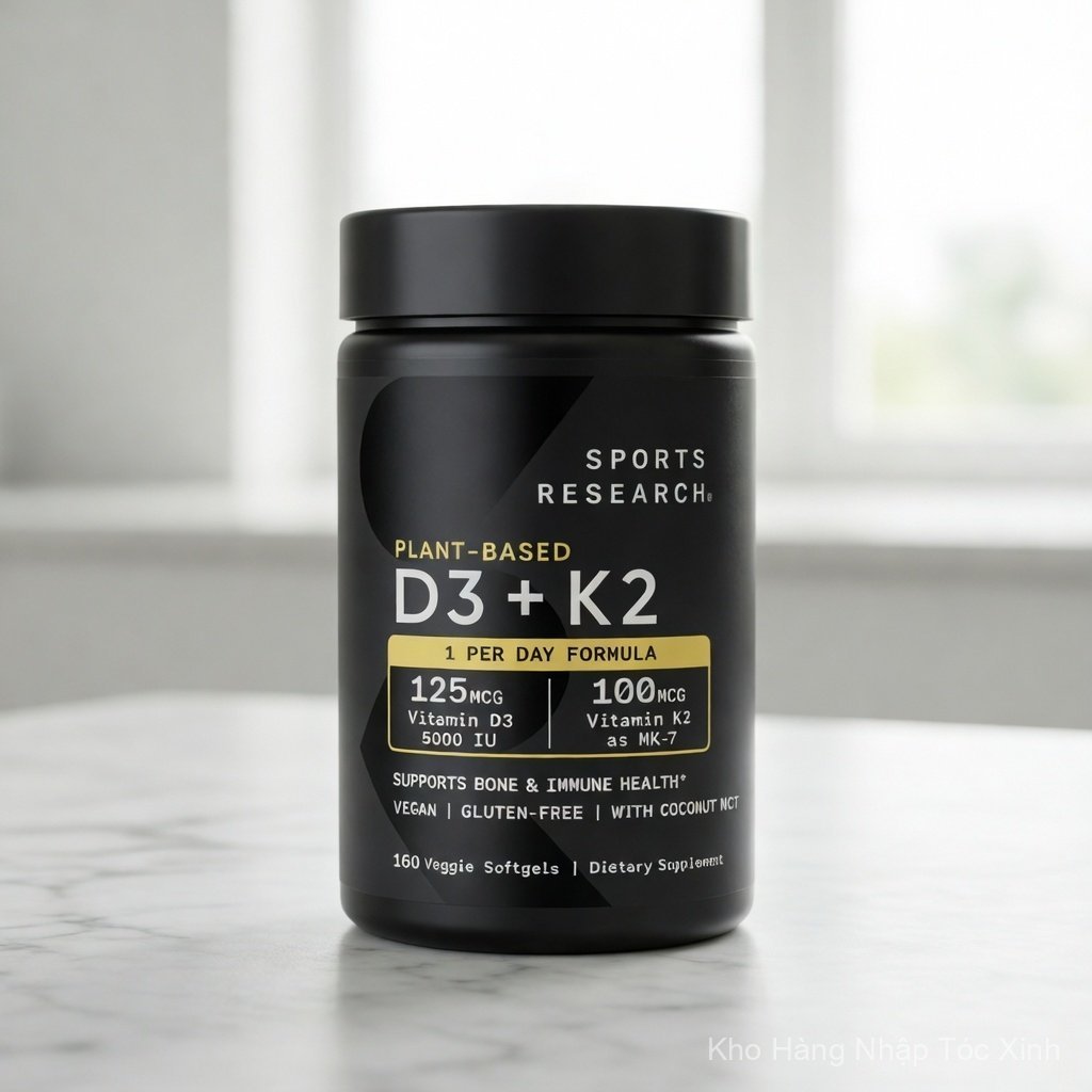Sports Research D3+K2 Vitamin 5000IU วิตามินดี3 เค2 MK-7 สูตรจากพืช ผสมน้ำมันมะพร้าว MCT 160 แคปซูล 