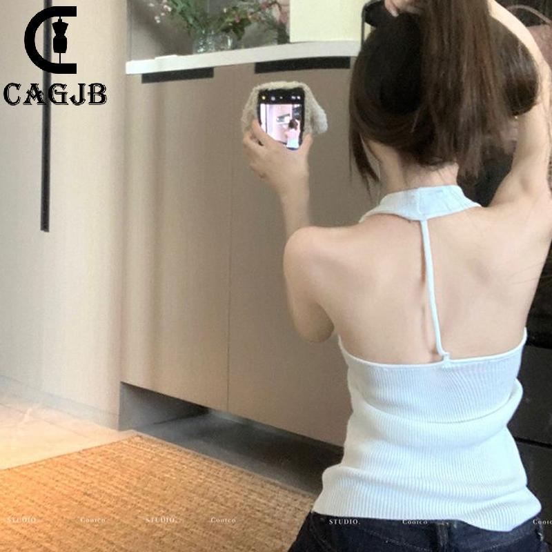 [CAGJB] Retro V คอเปลือยแขนกุด Slim ถัก Halter คอเสื้อกั๊กสําหรับผู้หญิงในฤดูร้อน UOM