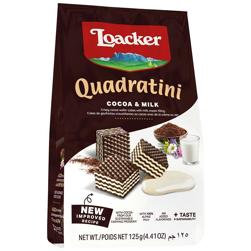 ล็อคเกอร์ควอดราตินีเวเฟอร์รสโกโก้สอดไส้ครีมนม 125กรัม Loacker Quadratini Cocoa and Milk Wafer 125g.