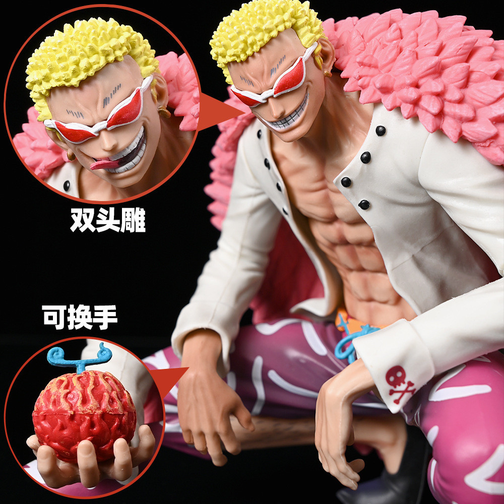 One Piece Donquixote Doflamingo Crouching Pose Figure with Devil Fruit & 2 Head Sculpts