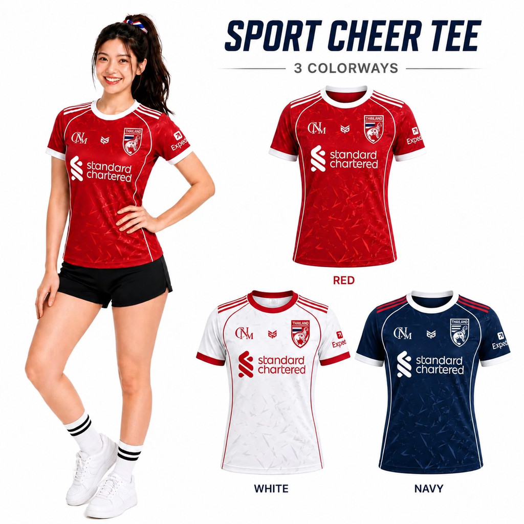 เสื้อบอลผู้หญิง Sport Cheer Tee ลายทีมแดง เสื้อกีฬาแขนสั้นคอกลม ทรงเข้ารูป ผ้าแห้งไว ระบายอากาศ ใส่เชียร์บอล ฟิตเนสสีแดง