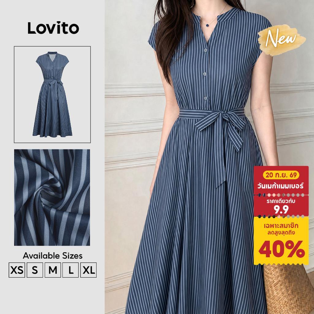 (New Arrival) Lovito สง่างาม ชุดเดรสลายทาง กระดุมหน้า ซิปยาว ทรงเอ สำหรับใส่ทำงาน ฤดูใบไม้ผลิ ฤดูร้อน สีน้ำเงินกรมท่า สำหรับผู้หญิง DRB201P1D1012