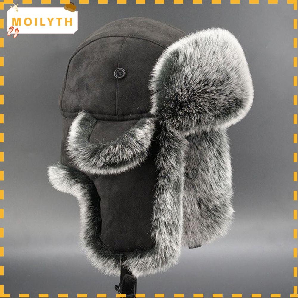 MOILYTH Faux Fur Earflap Suede Leather Ski Cap Ushanka Bomber Hats