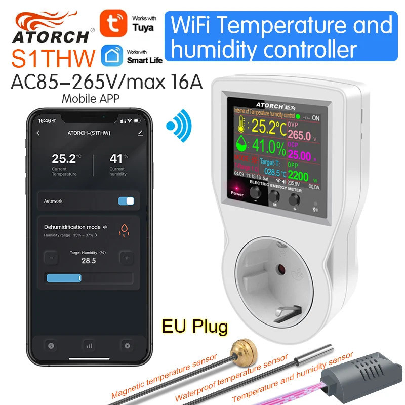 ATORCH S1 WiFi EU ซ็อกเก็ตอุณหภูมิความชื้น Controller สําหรับความชื้นในครัวเรือนลดความชื้น Cooling เ
