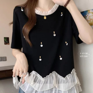 【S-6XL】 เสื้อยืด เสื้อเบลาส์ แขนสั้น คอระบายฟุ้งฟิ้ง ชายลูกไม้ ปักไข่มุก สไตล์คุณหนูวินเทจ ใส่สบาย