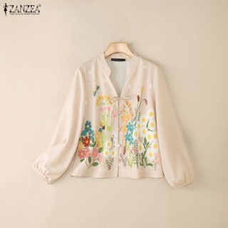 ZANZEA เสื้อเชิ้ตผูกเชือก พิมพ์ลายดอกไม้สไตล์เกาหลี