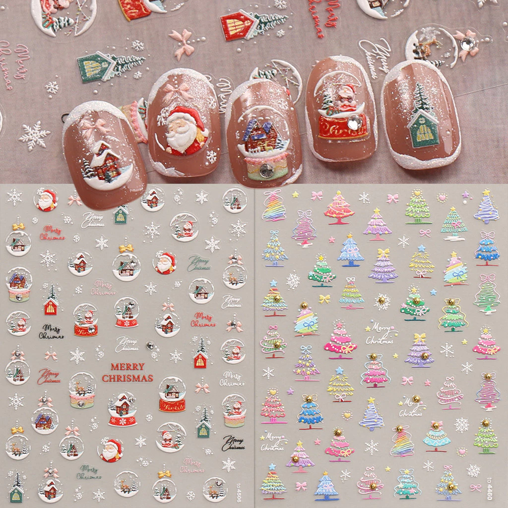 HAMA เล็บนูนสติกเกอร์เล็บคริสต์มาสการ์ตูน Santa Claus ต้นคริสต์มาสเกล็ดหิมะดอกไม้ไฟฝรั่งเศสประณีตสติกเกอร์ตกแต่ง Decals วันหยุดเล็บ