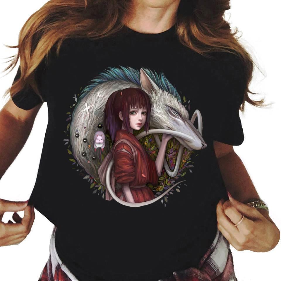 Totoro Ghibli เสื้อยืดผู้หญิงเพื่อนบ้านของฉัน Totoro Ghibli ตัวอักษร Slimmer ดูเสื้อยืดแขนสั้น