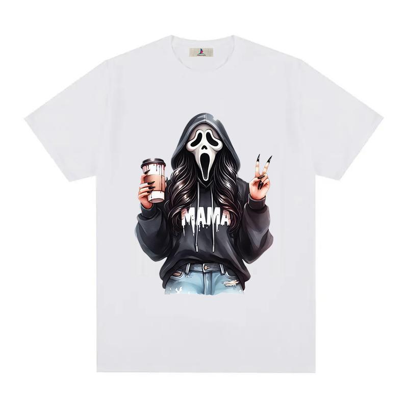 FAshiON Scary Mom Ghost Face Printed Loose Cotton T-shirt American Sports Casual Short Sleeve T-shir