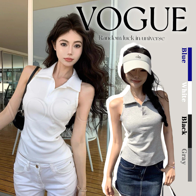 Vogue🌟พร้อมส่ง🌟 เสื้อคอปกแขนกุด สีพื้นใส่สบายมาก เสริมฟองน่ำ (FY33031)