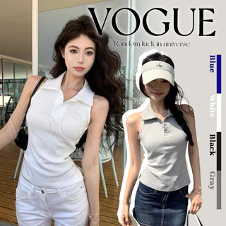 Vogue🌟พร้อมส่ง🌟 เสื้อคอปกแขนกุด สีพื้นใส่สบายมาก เสริมฟองน่ำ (FY33031)