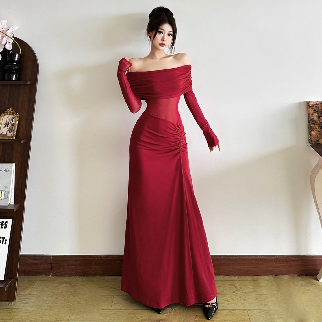 แปลก Puss Elegant Maxi Dress Slash คอแขนยาวรูปเอวผอมตาข่ายดูผ่านผู้หญิงภาษาฝรั่งเศสคําเรียบง่ายสไตล์