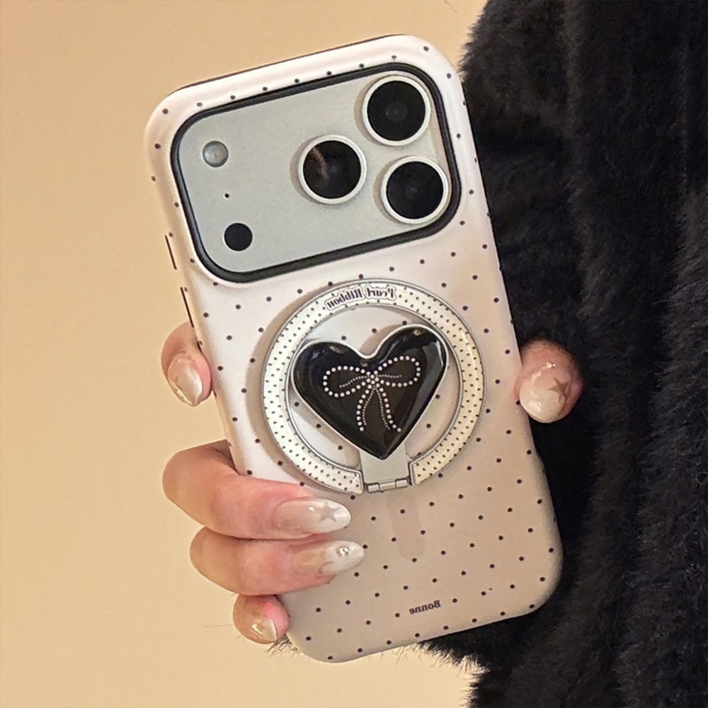 เกาหลีสีดํา Polka Dot Bowknot รูปหัวใจแม่เหล็กผู้ถือกรณี iPhone สําหรับ iPhone 17 Pro Max 17 Pro 17 Air 17 16 15 14 13 12 11 Anti Drop Hard PC Matte ฝาหลัง
