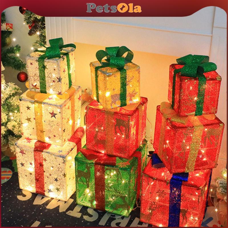 PETSOLA เซ็ตกล่องของขวัญ LED ตกแต่งคริสต์มาส 3 ชิ้น (เปิดไฟได้) เหมาะทั้งในบ้าน/กลางแจ้ง