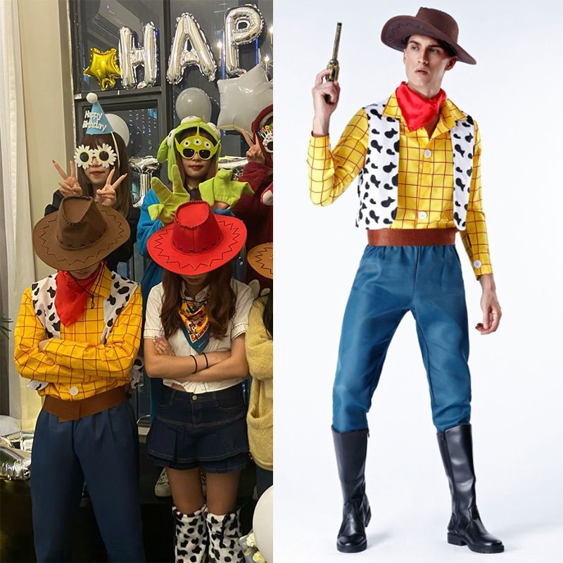 เสื้อผ้าเด็กผู้ใหญ่ Woody จาก Toy Story Halloween Costume กางเกงยีนส์และเสื้อกั๊กแบบวัว