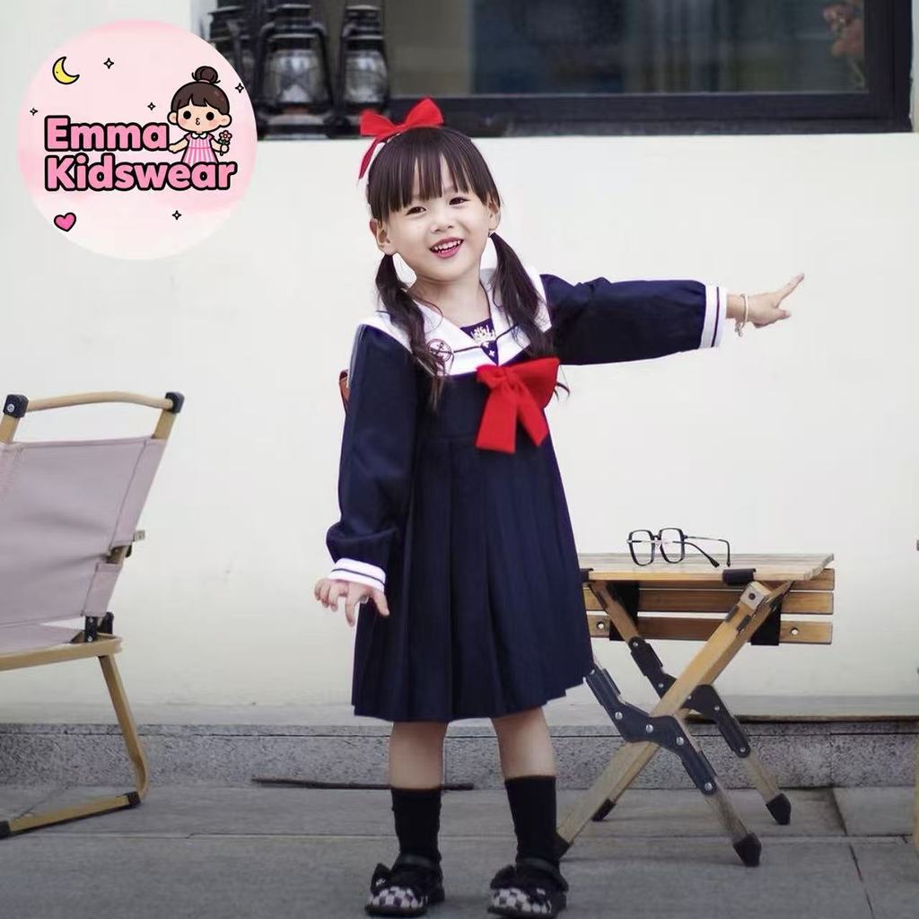 💗EK👧🏻สไตล์ญี่ปุ่น ชุดนักเรียนอนุบาล สําหรับเด็กผู้หญิง ชุดเดรสแขนยาว สไตล์กองทัพเรือ โบว์สีแดง🚀 - รูปที่ 3