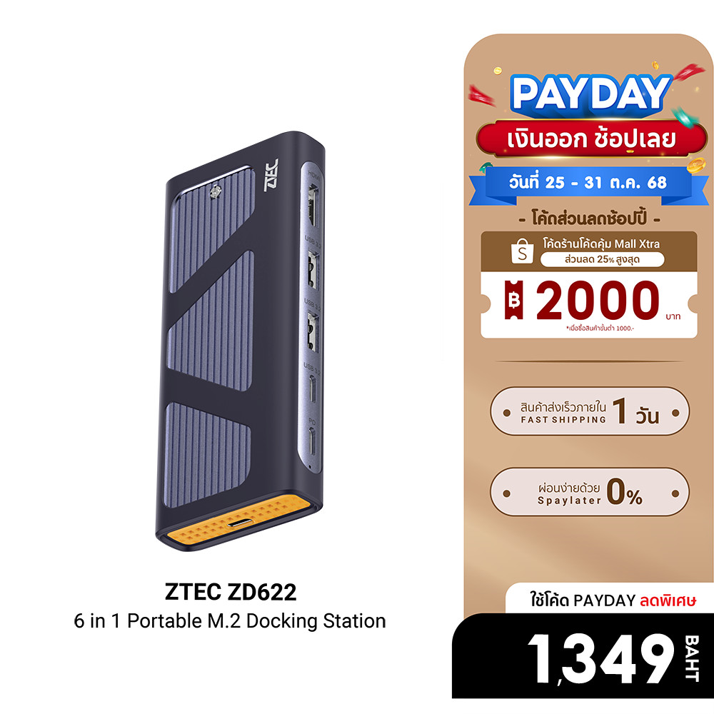 [ลดเหลือ 1349] ZTEC ZD622 6 in 1 (USB-C 10Gbps) รองรับ M.2 NVMe & SATA , HDMI 4K ,  USB 3.2 Gen 2 10