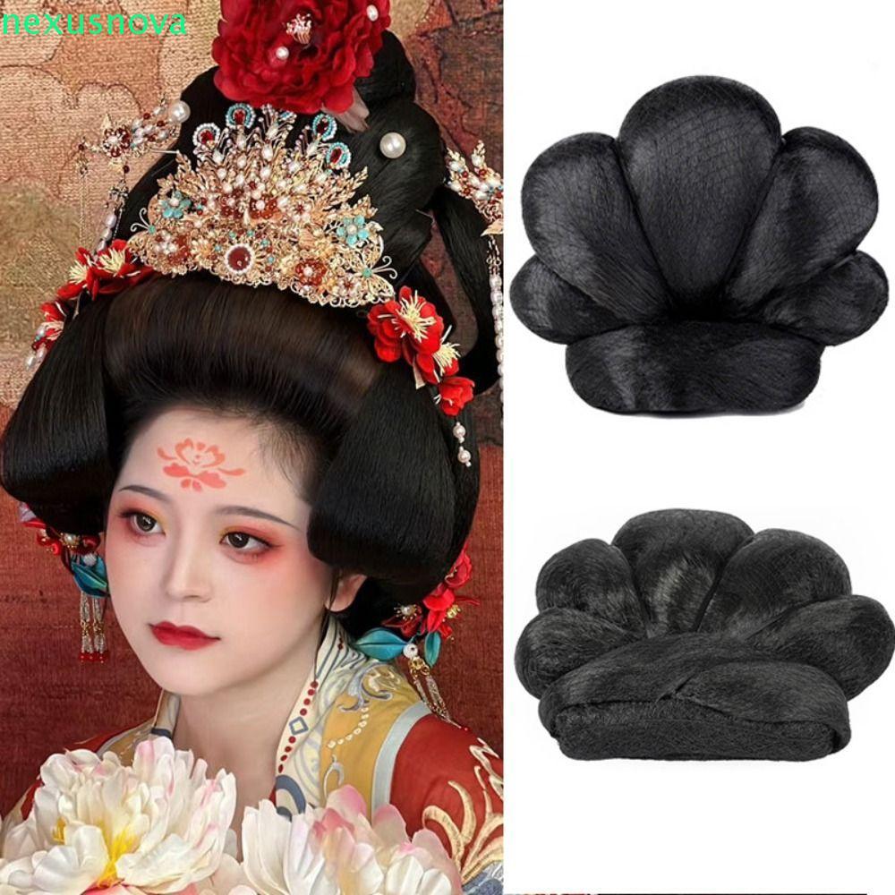 NEXUSNOVA วิกผมจีนโบราณ, ฟักทองแบบดั้งเดิม Bun Retro Hair Chignon, Vintage Lazy Hair Bag สีดําโบราณ 