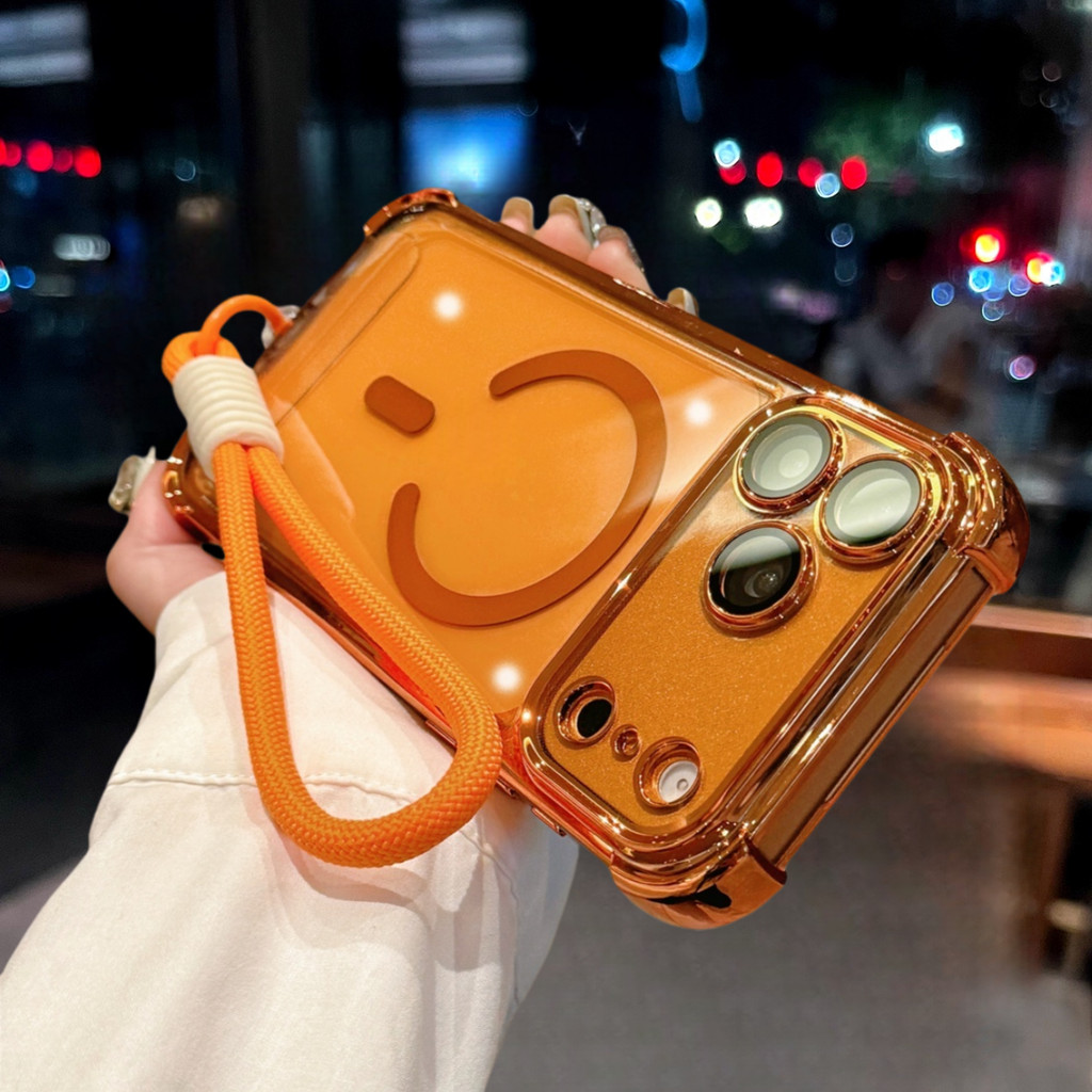 Cosmic ชุบสีส้มเคสแม่เหล็กสําหรับiPhone 17 16 15 14 13 Pro Max Air plus Lanyardถุงลมนิรภัยกันกระแทก