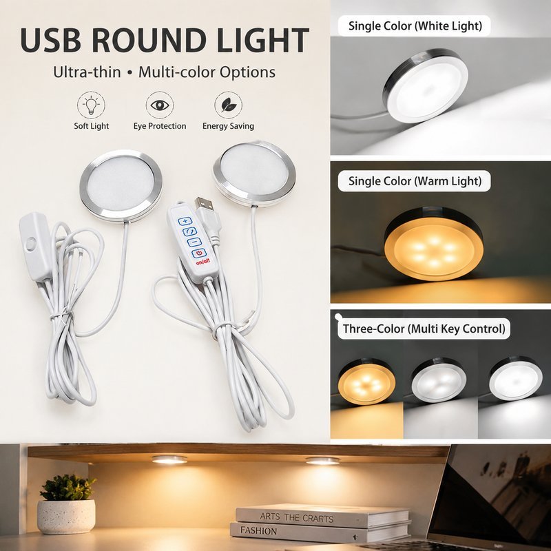 ไฟติดตู้โชว์ ไฟชั้นวาง LED USB กลมบาง สีเงิน หนา 8mm ใช้กับพาวเวอร์แบงค์ คอมพิวเตอร์ และหัวชาร์จ USB