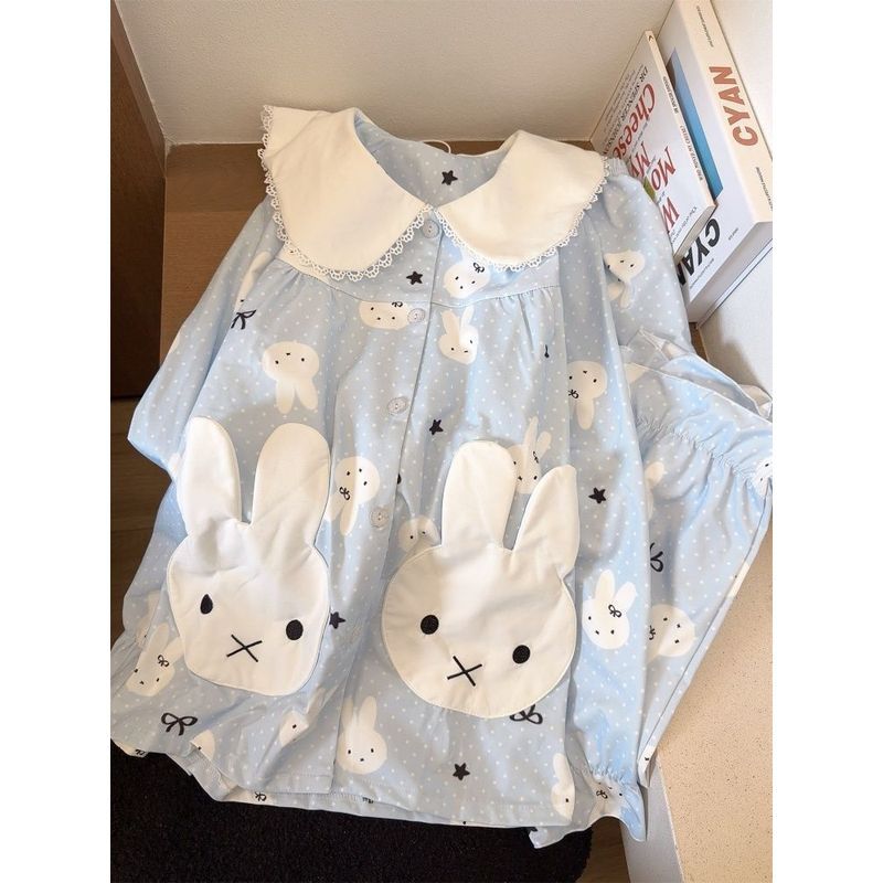 กระเป๋าน่ารัก Miffy กระต่ายชุดนอนผู้หญิงฤดูใบไม้ผลิฤดูใบไม้ร่วงสไตล์ใหม่ ins ญี่ปุ่น Polka Dot แขนยาว Loungewear ชุดสามารถสวมใส่นอก 6.30