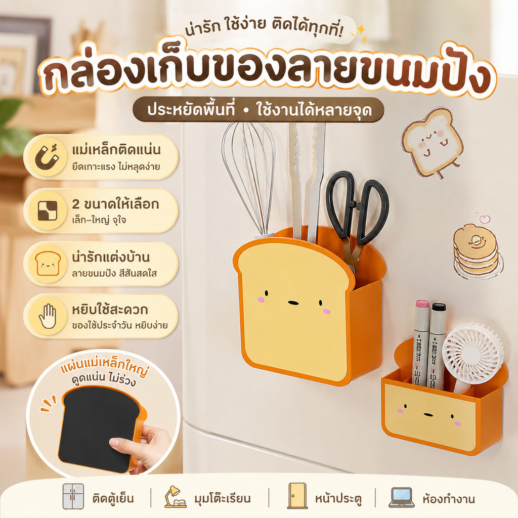 คุ้มราคาสูงกล่องแม่เหล็กติดตู้เย็น ดีไซน์สวย วัสดุปลอดภัยทนทาน ใส่ขนมปังแรปอาหาร ติดประตูเก็บของใช้ครัว พร้อมส่ง